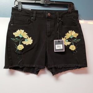Nanette Lepore Black Jean Shorts with Yellow Floral Embroidery
